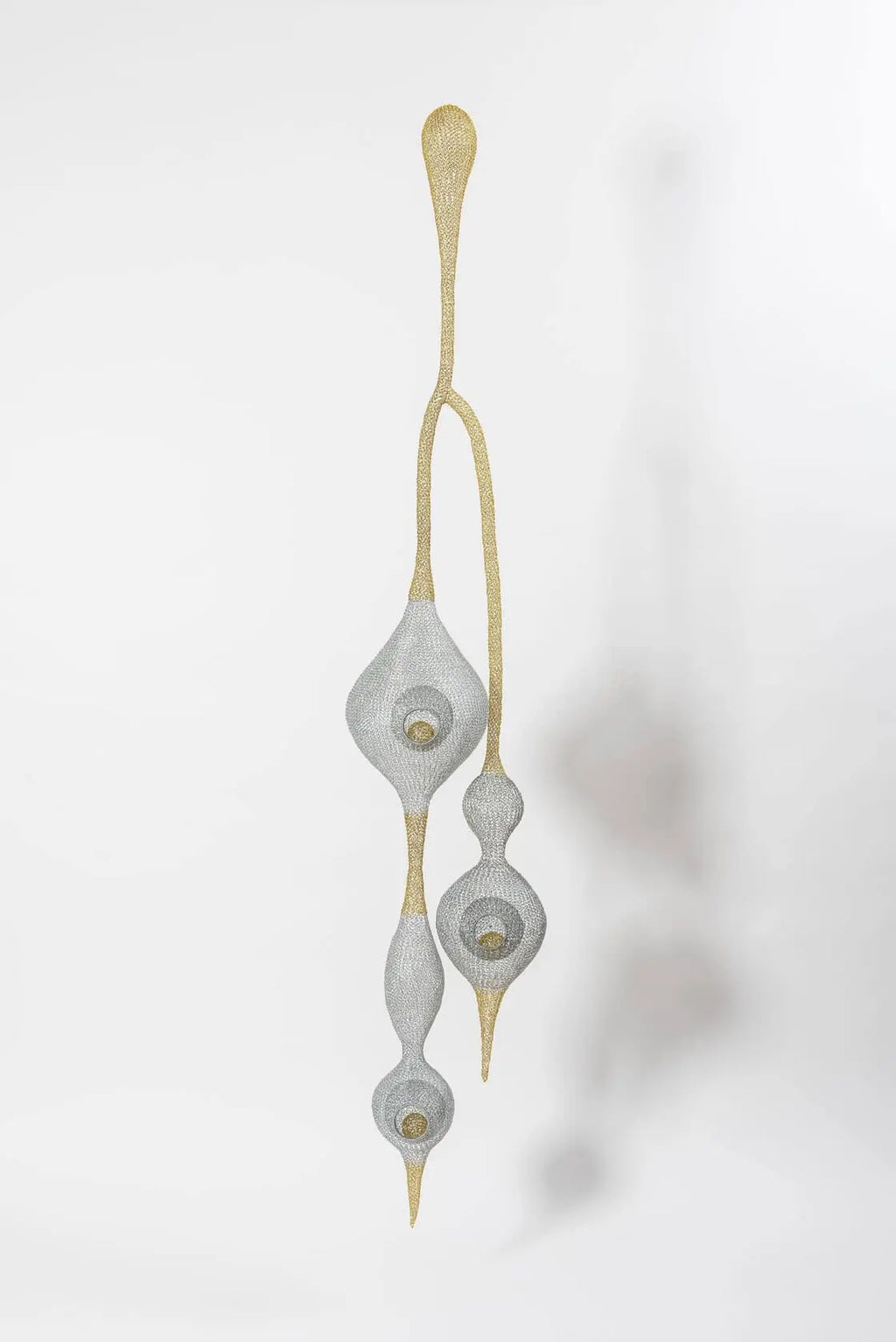 "Droplet" — Hanging Woven Silver and Gold Mesh Sculpture