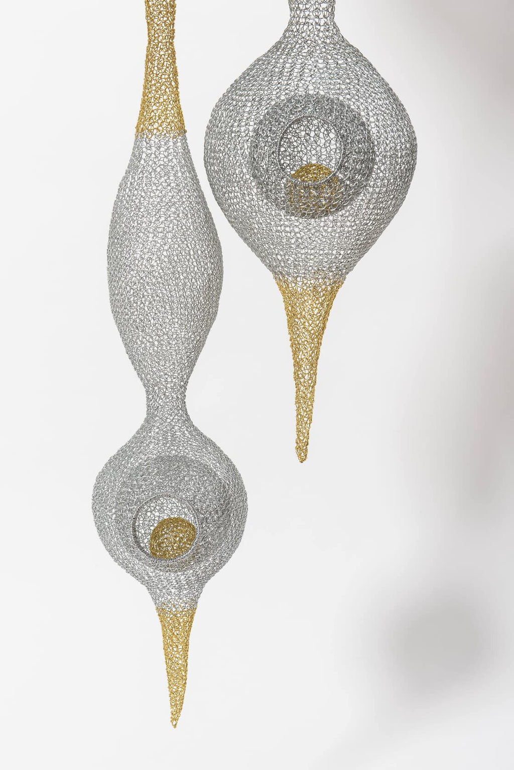 "Droplet" — Hanging Woven Silver and Gold Mesh Sculpture
